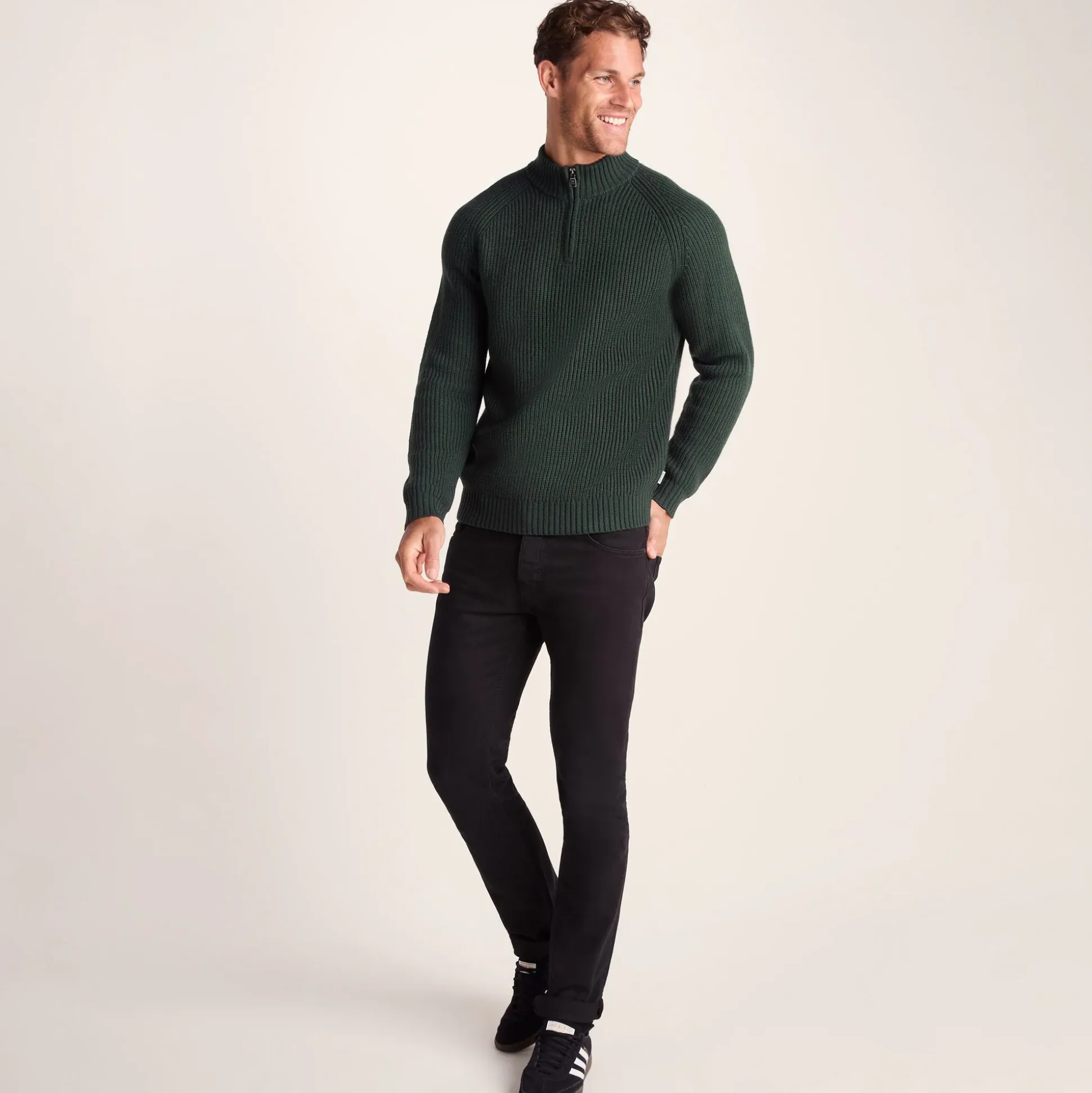 Glen Mens Chunky Knitted Zip Neck Jumper - Racing Green
