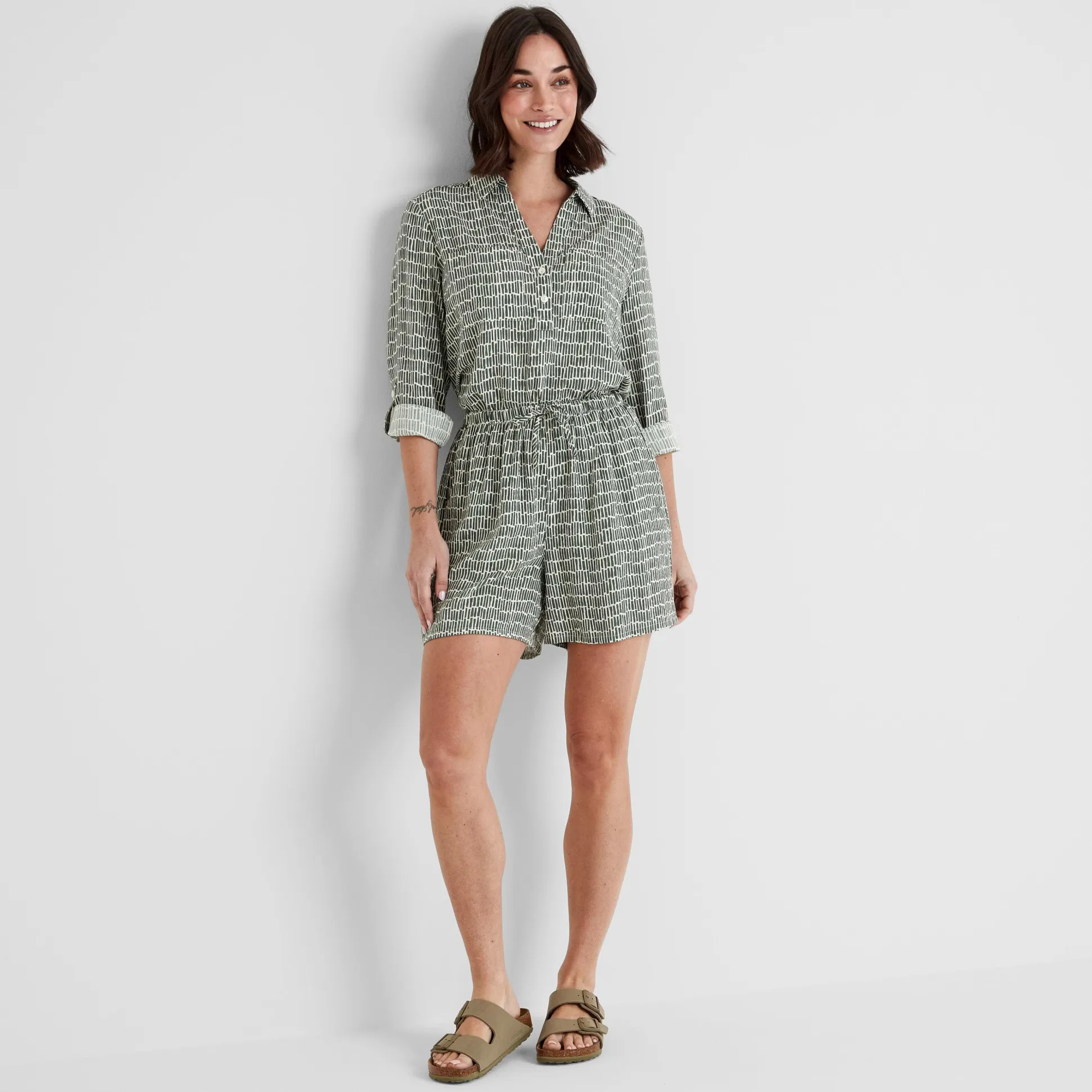 Kadina Womens Long Sleeve Shirt - Green Dash Print