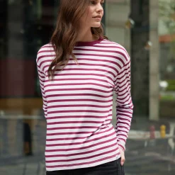 Kitty Womens Long Sleeve Striped T-Shirt - Washed Burgundy Stripe