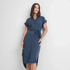 Lenira Womens Relaxed Fit Luxurious Tencel Lyocell Shirt Dress - Dark Denim