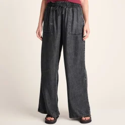 Lucy Womens Wide Leg Denim Look Trousers - Washed Black