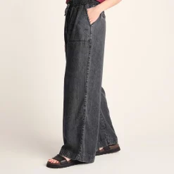 Lucy Womens Wide Leg Denim Look Trousers - Washed Black