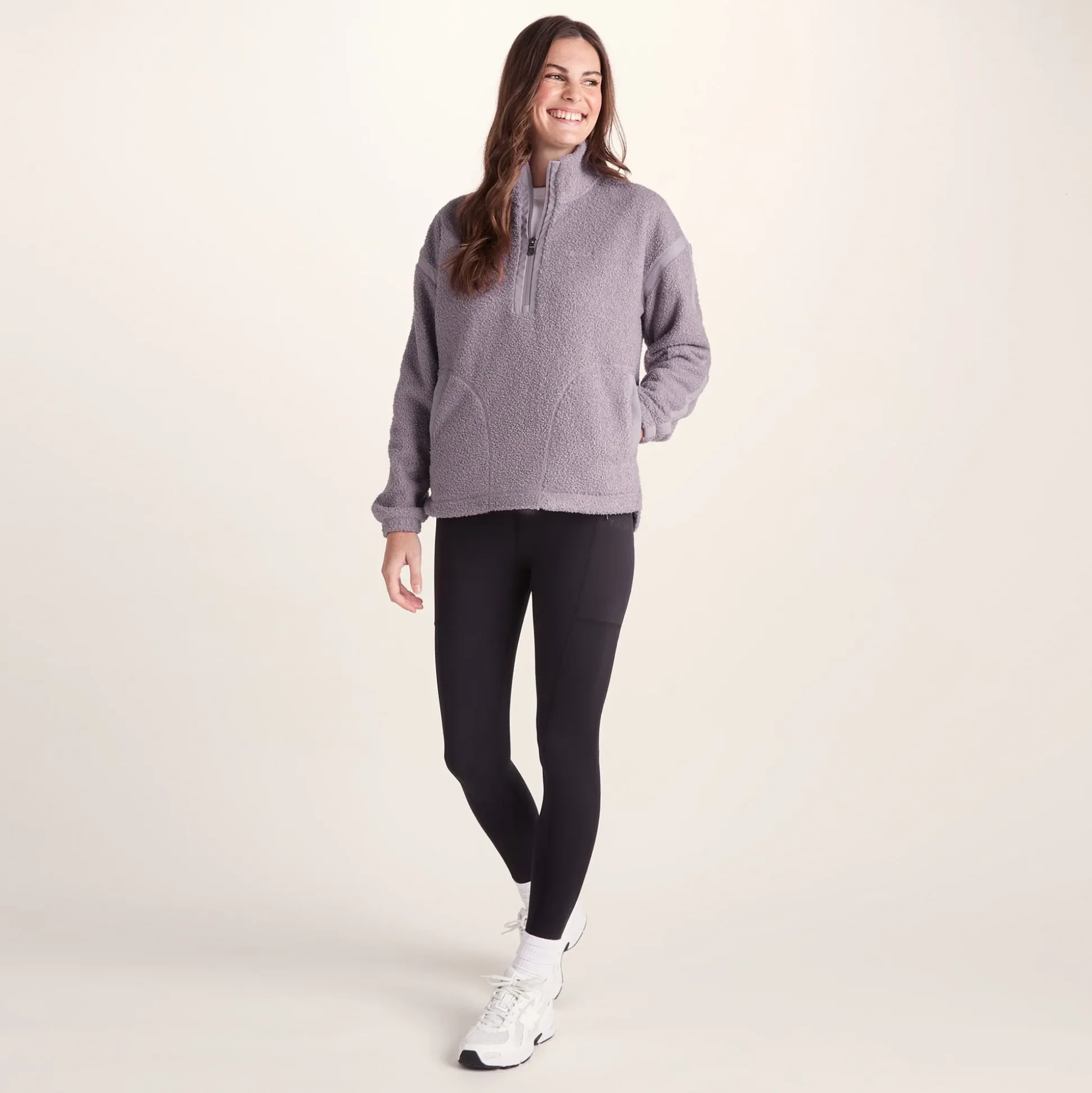 Priya Womens Relaxed Fit Sherpa Fleece Zip Neck - Lavender Grey