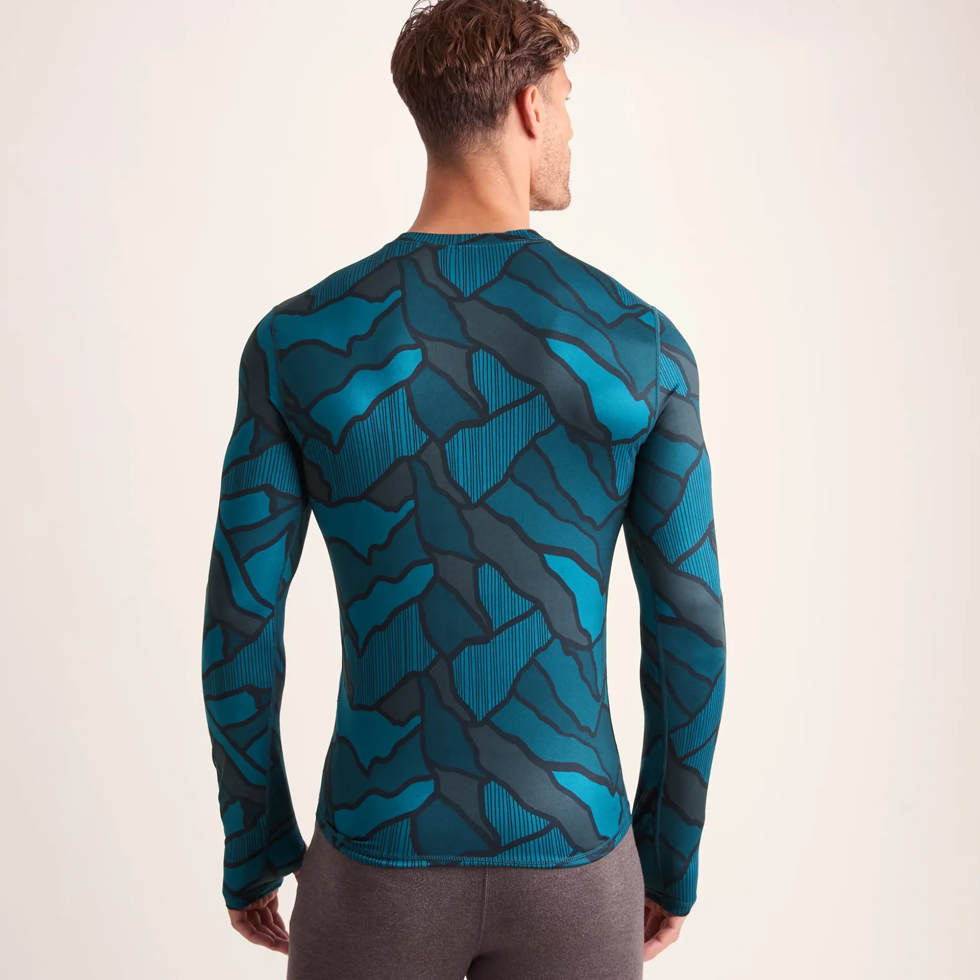 Snowdon Mens Thermal Crew Neck Base Layer - Dark Turquoise Abstract Mountain Print