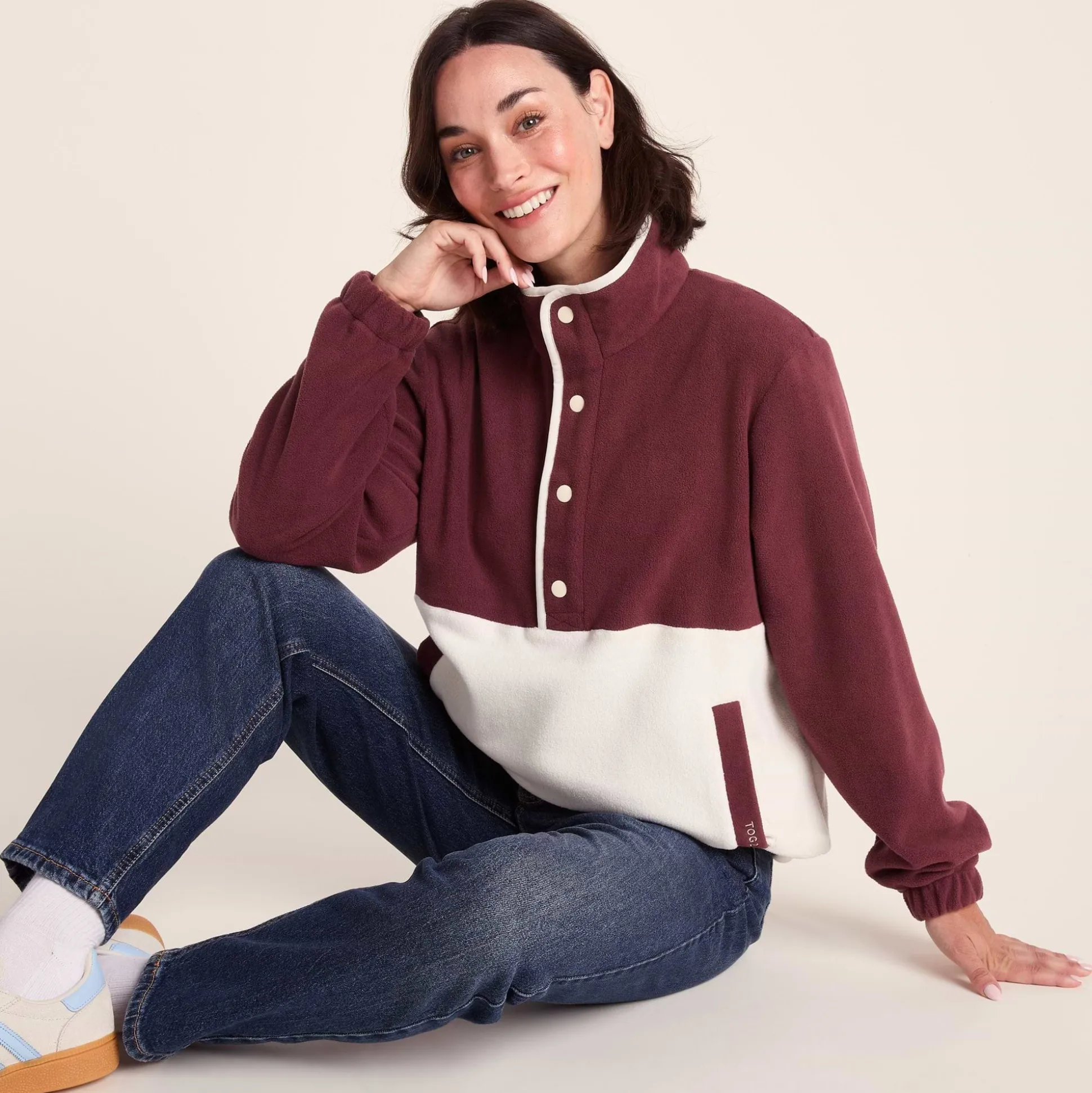 Symes Womens Relaxed Fit 1/2 Neck Microfleece Pullover - Vanilla/Burgundy
